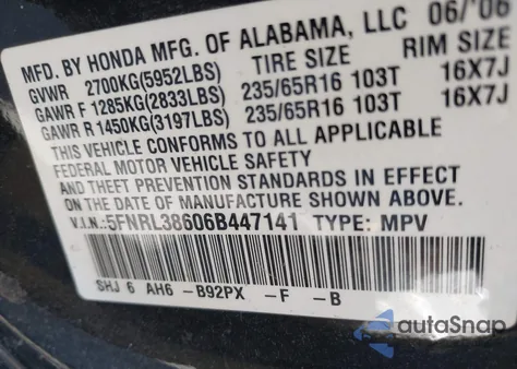 2006 Honda Odyssey Exl z USA, uszkodzony, nr VIN 5FNRL38606B447141
